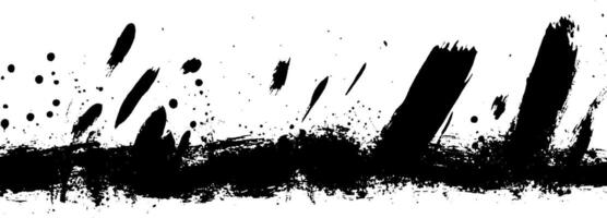 A dynamic black paint splash design on a white background, featuring various brush strokes and splatters, ideal for artistic backgrounds or creative projects. vector