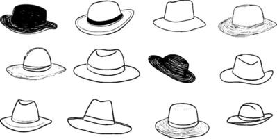 A collection of various hat designs illustrated in black and white. The hats include fedoras, sun hats, and cowboy hats, showcasing different styles and shapes. vector