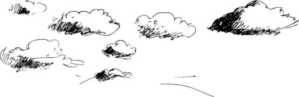 A hand-drawn illustration of fluffy clouds scattered across a white background, showcasing various shapes and sizes, with shading to add depth. vector