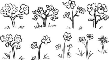 A collection of hand-drawn flower and tree illustrations, featuring various styles of blossoms and foliage. The designs are simple and whimsical, suitable for children's art or decorative purposes. vector