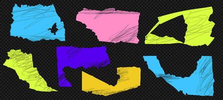 Torn grain color paper pieces with scribbles, scrap edges at the transparent bg as a . Abstract background with cutout shapes, headline pieces, and paint effects. vector