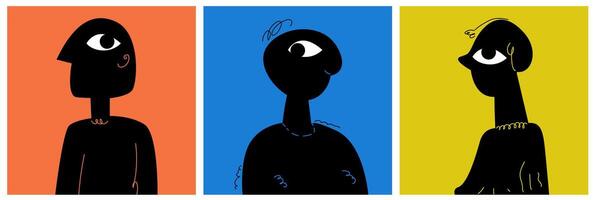 WebA set of weird square avatars on a bright background. Modern illustration with dynamic line and big eye. Contrast image. vector