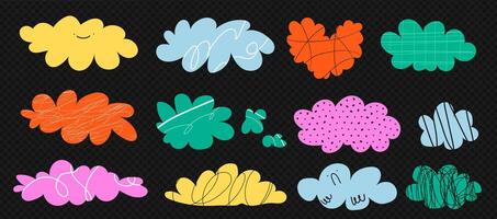 A set of clouds with hand drawn textures and lines. trendy illustration. Cartoon clouds with a smile vector
