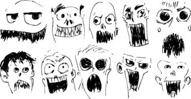 A collection of expressive, hand-drawn faces showcasing various emotions such as anger, fear, and surprise. Each face features exaggerated features and open mouths, emphasizing their expressions. vector