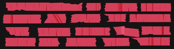 A set of plastic red pieces of torn scotch tape. Trendy elements for designs with realistic texture. patches on transparent background vector