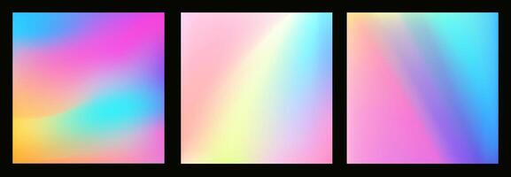 Ombre background set with gradient rainbow colors in soft pastel hues, featuring a hologram texture and blurred effect. Abstract neon patterns create a radiant aura with glitch tech vibes. vector