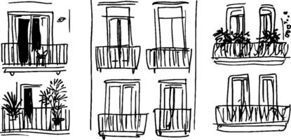 A sketch of four sets of balconies on a building, featuring various plants and open doors. The design is simple and abstract, emphasizing the balconies' structure and greenery. vector
