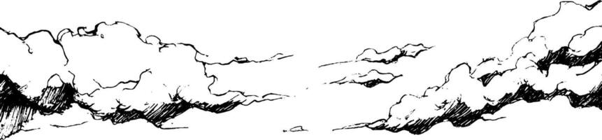A hand-drawn illustration of clouds, featuring fluffy, billowing shapes with detailed shading. The clouds are depicted in a sketchy style, emphasizing their texture and volume. vector