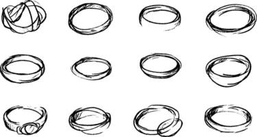 A collection of hand-drawn ring designs, showcasing various styles and shapes. The rings vary in thickness and form, some appearing intertwined or overlapping, while others are simple and smooth. vector