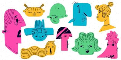 A set of strange faces. A variety of portraits caricature. Trendy illustration with dust texture. Unique character heads. vector