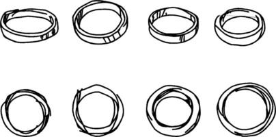 A collection of hand-drawn circular shapes, resembling rings or bands, arranged in two rows. The rings vary in thickness and style, showcasing different designs. vector