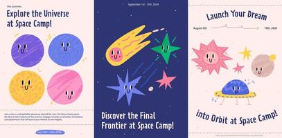 Fantasy doodle invitation with colorful space elements. Flyer set. Trendy graphic template. contremporary illustrations with planets and stars. vector
