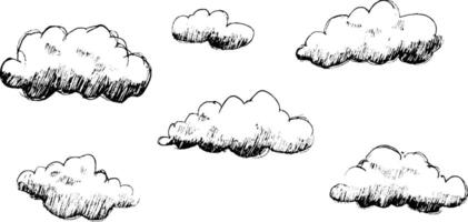A collection of hand-drawn clouds in various sizes and shapes, set against a white background. The clouds have a sketchy, artistic style, giving a whimsical feel. vector