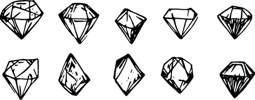 A collection of hand-drawn diamond shapes in various styles and orientations, showcasing different facets and angles. vector