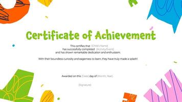 Childish certificate background for kids. Fun and bold. Diploma with shapes and scribble texture. Playful school template. trendy design vector