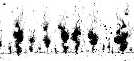 A series of abstract black flames on a white background, showcasing various shapes and sizes of fire. The flames appear dynamic and fluid, with splashes of ink-like texture. vector