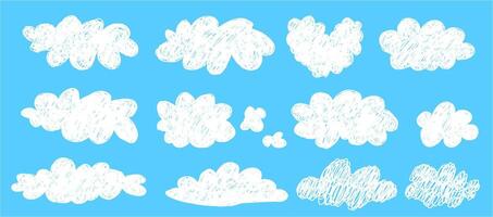 Simple scribble white clouds set. Cute and kawaii elements collection on blue bg like a . naive art illustration. vector