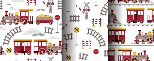 Set of seamless patterns with a steam locomotive in flat style. Childish background with toy train for fabric, wallpaper vector