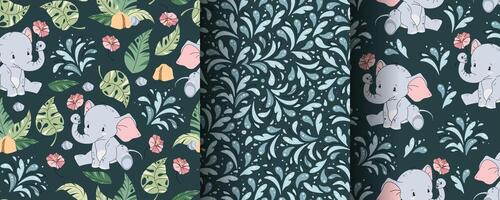 Set of seamless patterns with cute elephants in flat style. Repeating background with African animals and tropical plants. Childish illustration for fabric, wallpaper, vector