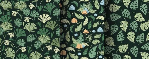 Set of Seamless Patterns with Tropical Leaves in Flat Style. Endless Texture with Palm Leaves, Rocks and Pond. Botanical Background for Fabric, Wallpaper, Wrapping Paper, Scrapbooking, etc. vector