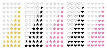 icon set of star and heart symbols. Point rating shapes in yellow and pink. Quality evaluation and review elements for app UI design on white background. vector