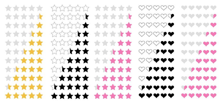 icon set of star and heart symbols. Point rating shapes in yellow and pink. Quality evaluation and review elements for app UI design on white background.