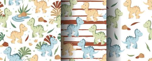 Set of Seamless patterns with cute dinosaurs in flat style. Endless background with baby dinosaur, tropical plants and footprints. Kiddie background for fabric, wallpaper vector