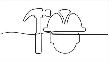Single line drawing of a hard hat with hammer continuous one line drawing. Continuous one line drawing of labor minimalist concept for labor days. vector