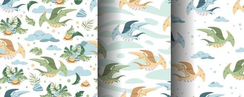 Set of Seamless patterns with cute dinosaurs in flat style. Endless texture with flying pterodactyl with clouds and tropical plants. Childish background for fabric vector