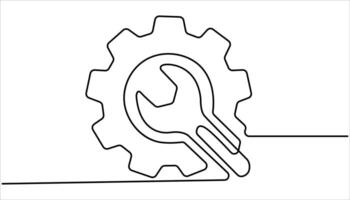 Wrench and gear icon continuous one line drawing illustration. One line drawing of hammer and wrench tools. vector