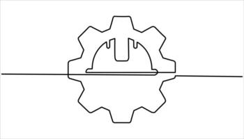 Single line drawing of a Gear with hard hat continuous one line drawing. Continuous one line drawing of labor minimalist concept for labor days. vector
