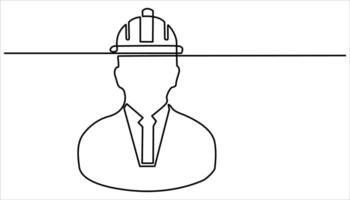 Construction worker wearing a safety helmet continuous one line drawing. Single line drawing of a hard hat representing workplace safety and protection in the construction. vector