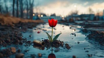 Red tulip growing in mud with bullet casings in foreground, with copy space photo