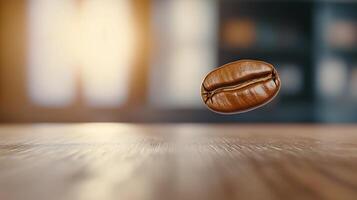 Perfectly roasted coffee bean hovers in mid air above wooden table, with copy space photo