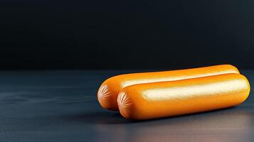 Two glistening sausages resting on dark surface, their smooth skin reflecting light, with copy space photo