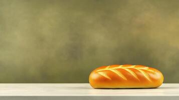 Freshly baked loaf of bread on wooden surface on blurred gray background, with copy space photo