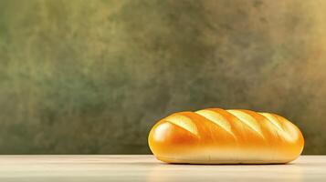 Freshly baked loaf of bread on wooden table on gray background, with copy space photo