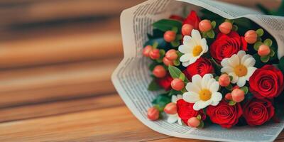 Bouquet of red roses and white daisies, wrapped in newspaper, on wood table, with copy space photo