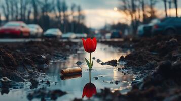 Single red tulip growing in mud with bullet casings in foreground, copy space photo