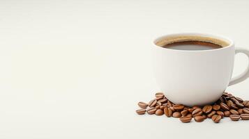White cup filled with steaming coffee on light background, with copy space photo