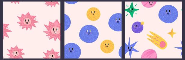 Cartoon seamless texture. White background. Doodle ellements with fun faces. Kids childish patterns kit. vector