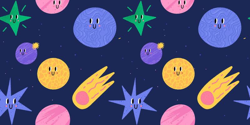 Cartoon seamless texture. Dark blue night sky background. Doodle ellements with fun faces. Kids childish pattern
