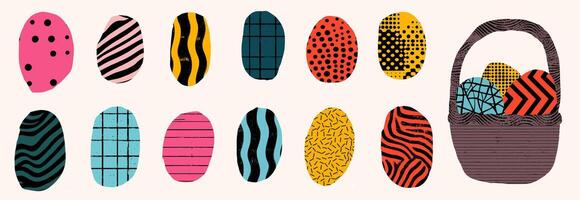 Colorful decorative eggs in a basket showcasing vibrant patterns and textures for festive celebrations vector