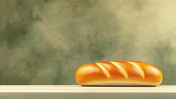 Freshly baked loaf of bread on wooden surface on gray background, with copy space photo