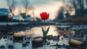 Single red tulip growing in mud with bullet casings in foreground, with copy space photo