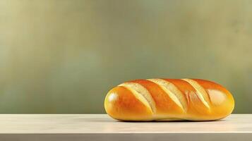 Freshly baked tasty loaf of bread on wooden table on blurred gray background, with copy space photo