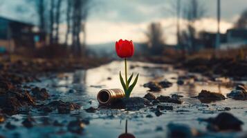 Single tulip growing in mud with bullet casings in foreground, with copy space photo