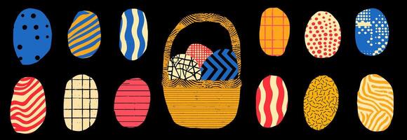 Brightly colored Easter eggs arranged around a woven basket set against a black background vector
