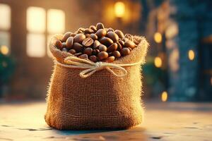 Roasted coffee beans overflowing from burlap sack, with copy space photo
