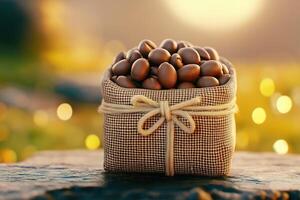 Roasted coffee beans overflowing from small burlap sack on bokeh background photo